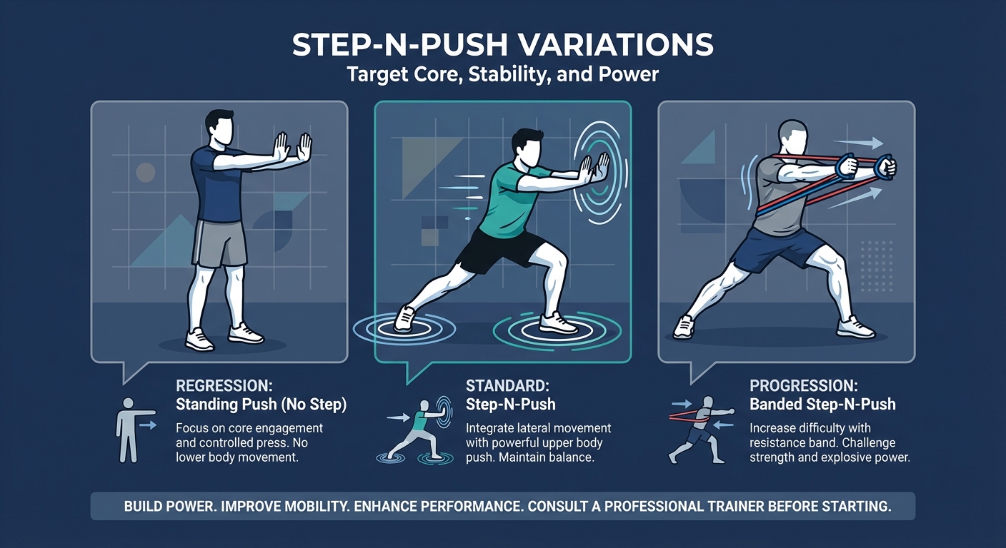 Step-N-Push variations showing standing-push regression, standard step-and-push, and banded resistance progression