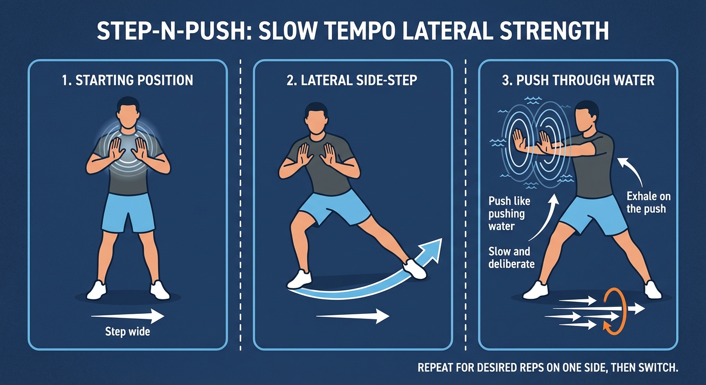 Step-N-Push proper form sequence showing a wide lateral step with both palms pushing slowly and deliberately forward at chest height as if pushing through water