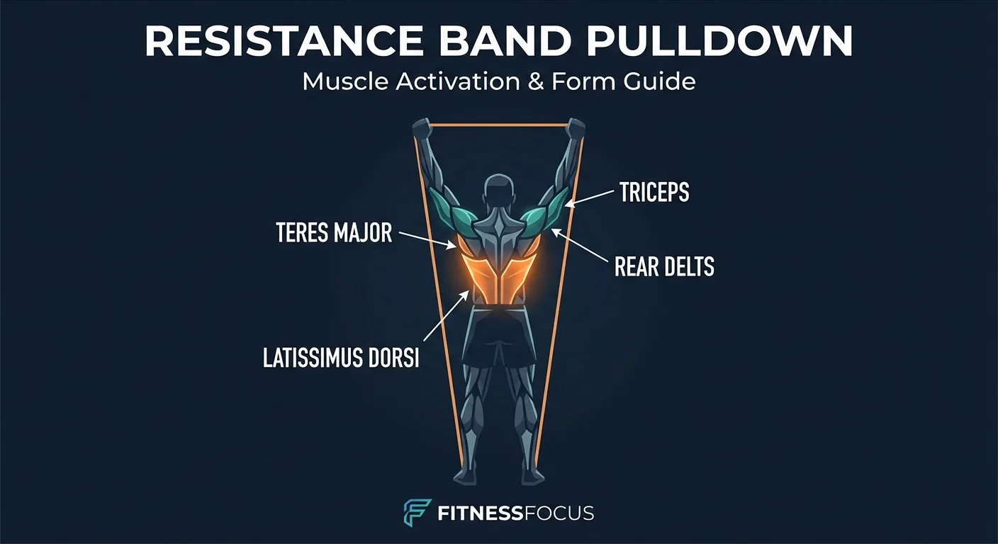 Stiff arm pulldown muscles targeted diagram showing latissimus dorsi, teres major, and triceps long head activation