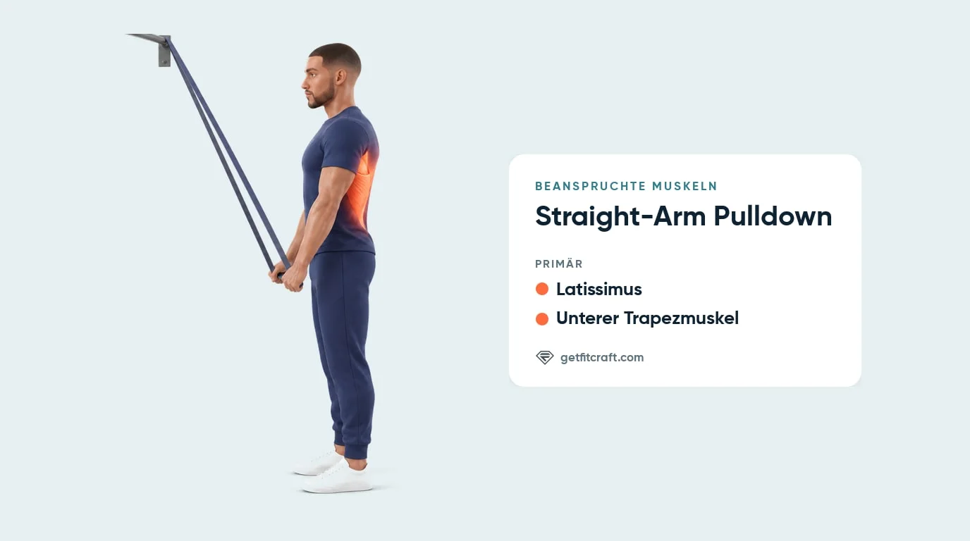 Straight-Arm Pulldown, trainierte Muskeln: Latissimus und unterer Trapezmuskel am Rücken, Band oben befestigt