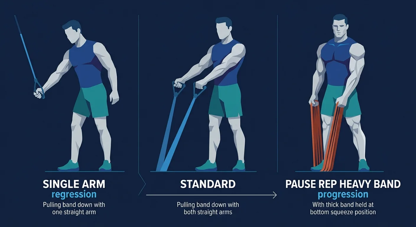 Stiff arm pulldown variations comparison showing single-arm regression, standard two-arm version, and paused heavy-band progression