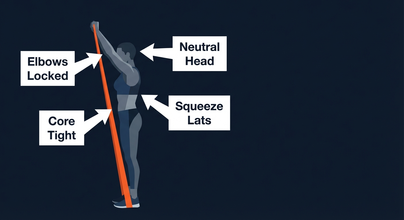 Vista lateral de la forma correcta del jale hacia abajo con brazos rígidos mostrando brazos rectos, cabeza neutral y core activado