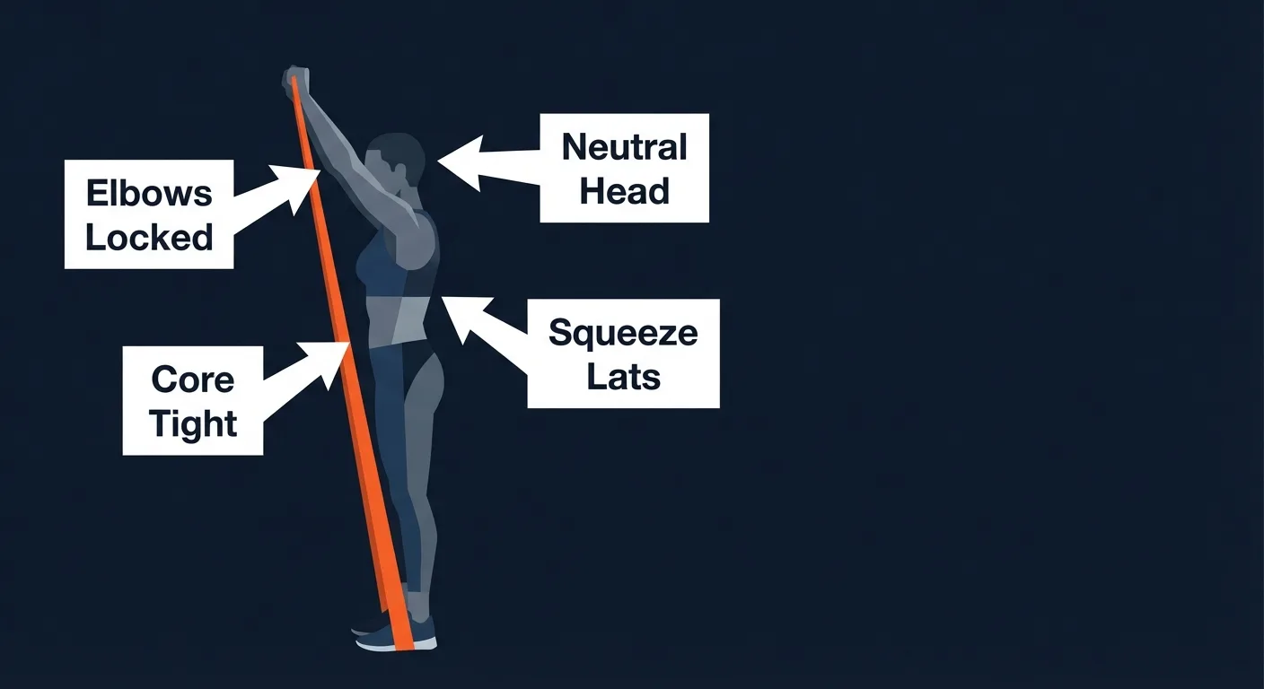 Stiff arm pulldown proper form side view with cues for straight arms, neutral head, and core brace