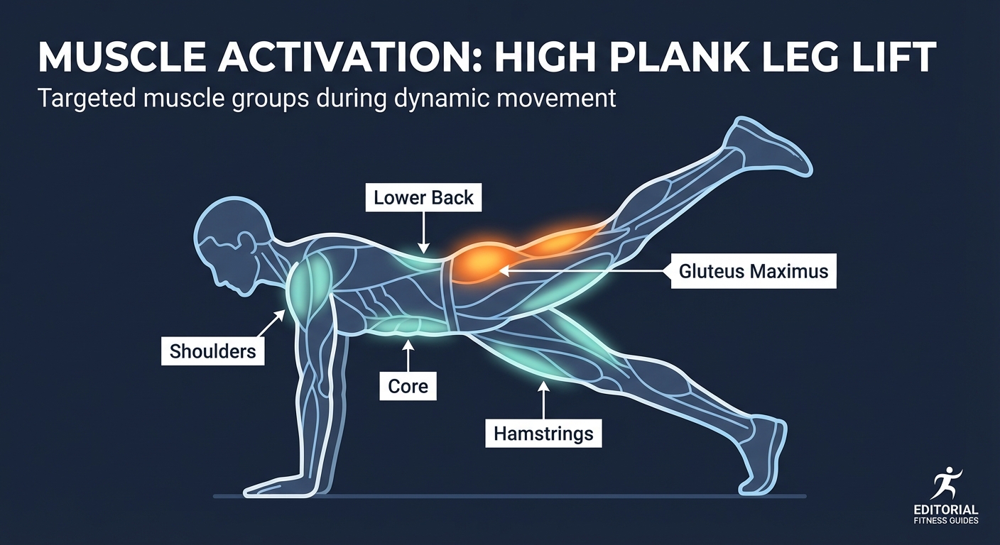 Diagrama de músculos del kick-back de pierna recta mostrando la activación del glúteo máximo, isquiotibiales, zona lumbar y core