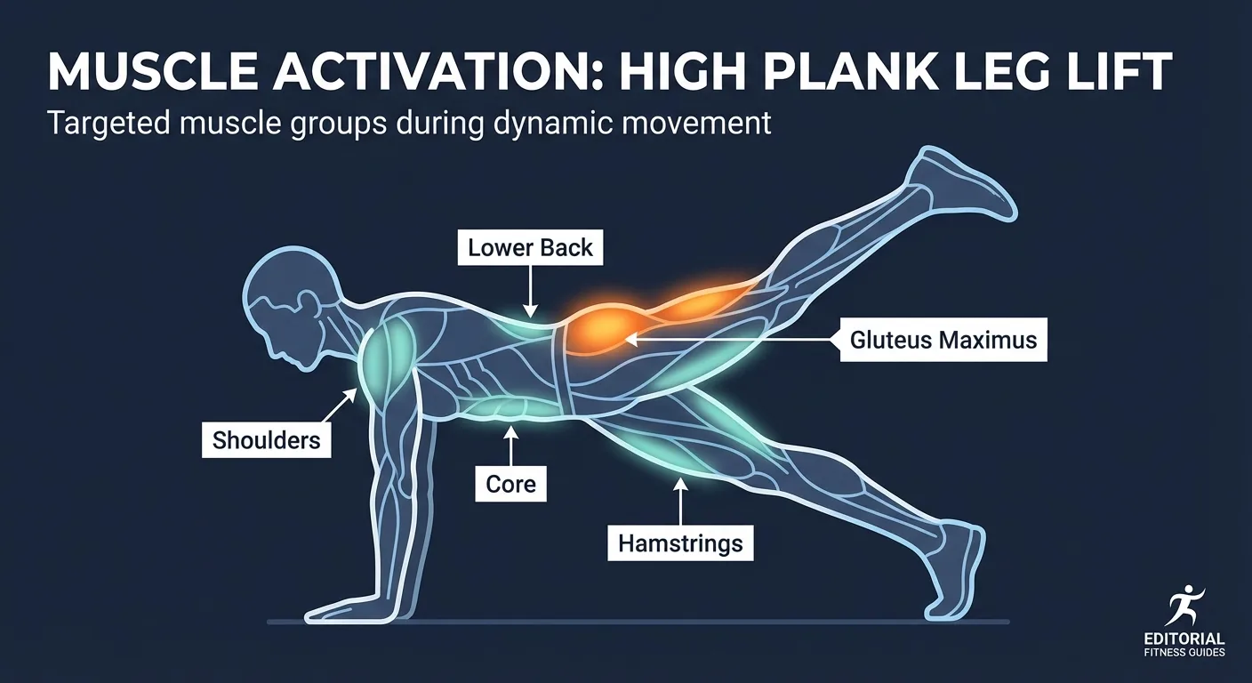 Straight leg kickback muscles targeted diagram showing gluteus maximus, hamstrings, lower back, and core activation