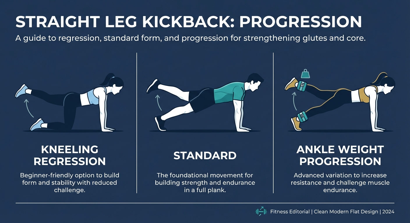 Comparación de variaciones del kick-back de pierna recta mostrando regresión de posición de mesa, versión estándar en plancha y progresión con tobillera