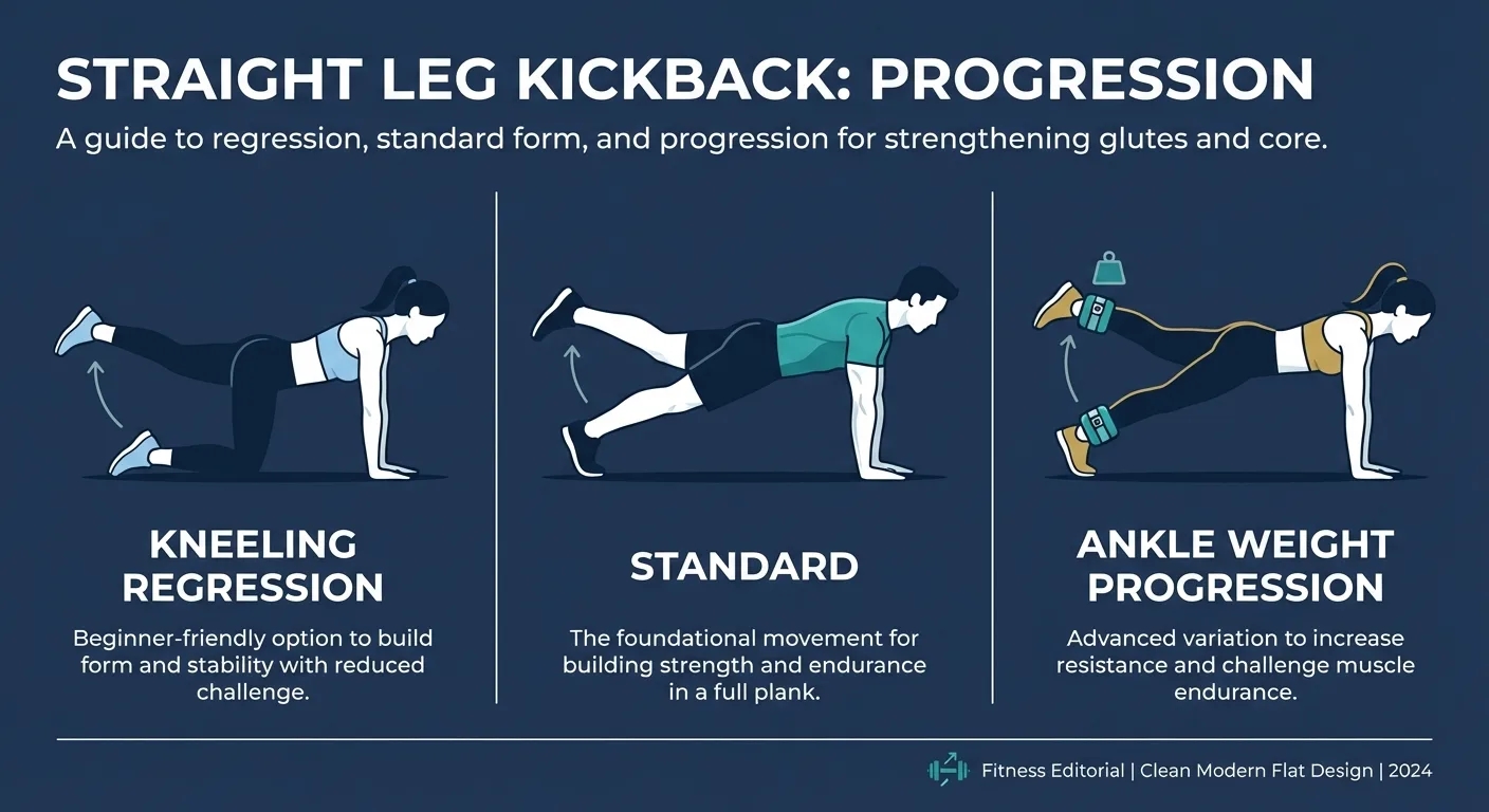 Straight leg kickback variations comparison showing kneeling regression, standard plank version, and weighted progression