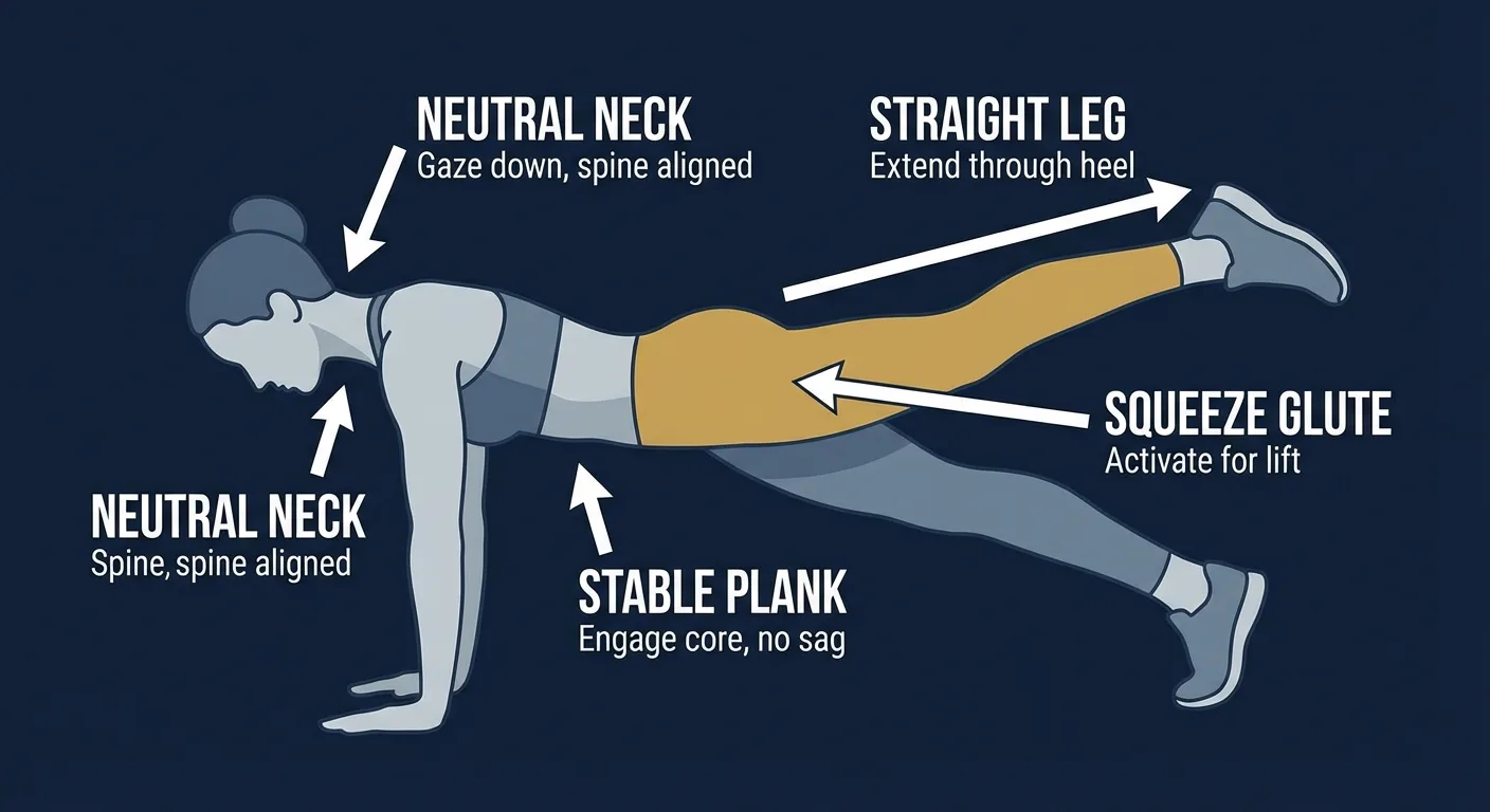 Straight leg kickback proper form side view with cues for neutral spine, stable plank, and straight leg drive