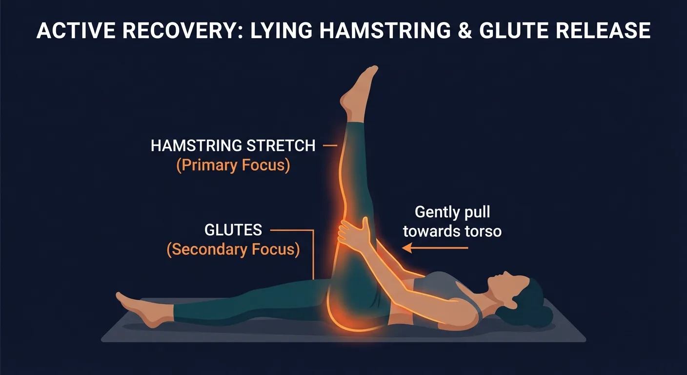 Straight leg pull-back muscles targeted diagram showing hamstrings, glutes, and calves activation during supine stretch