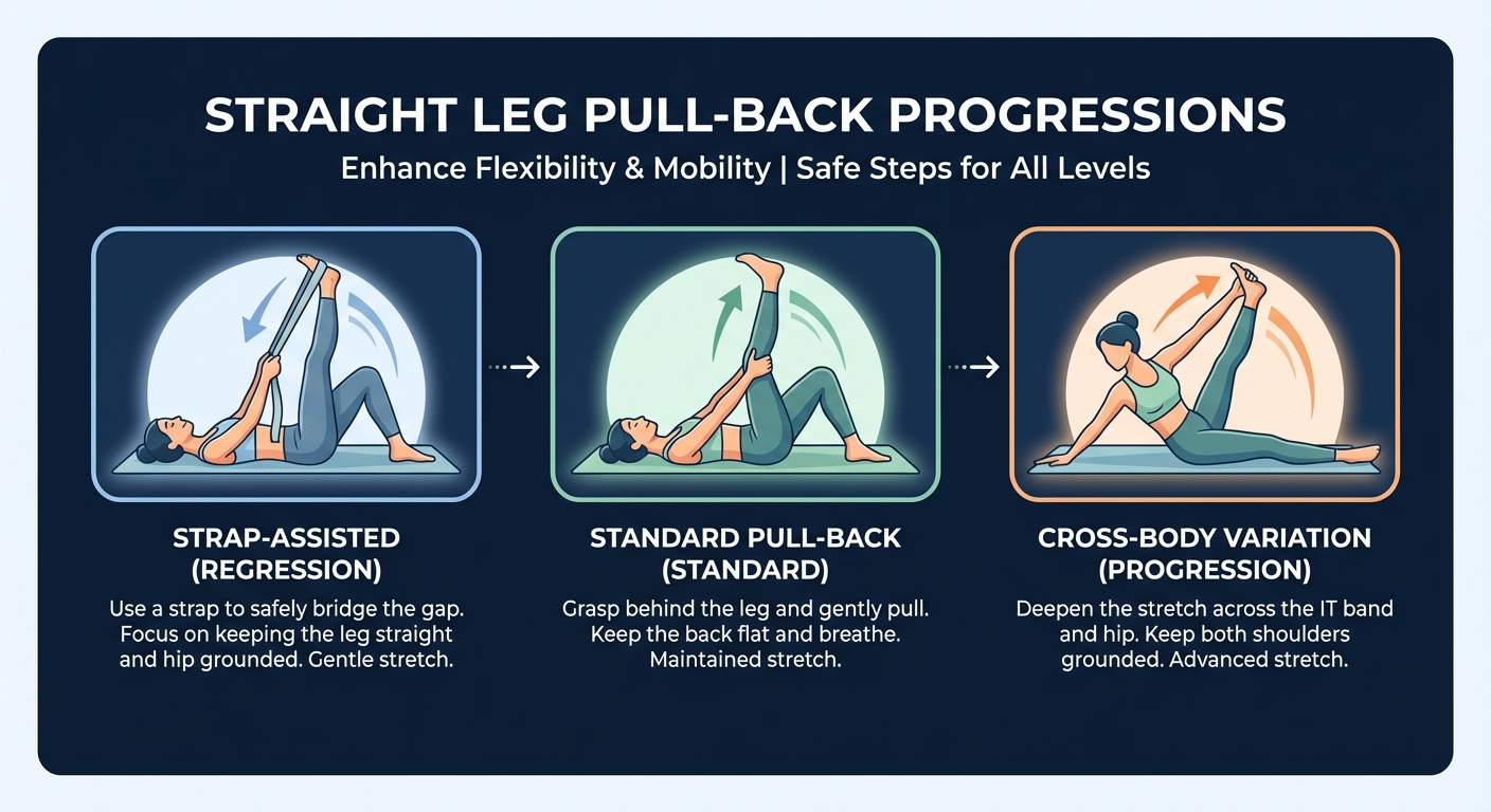 Progresiones del jale de pierna recta desde la versión con correa hasta la postura estándar y la variación cruzada