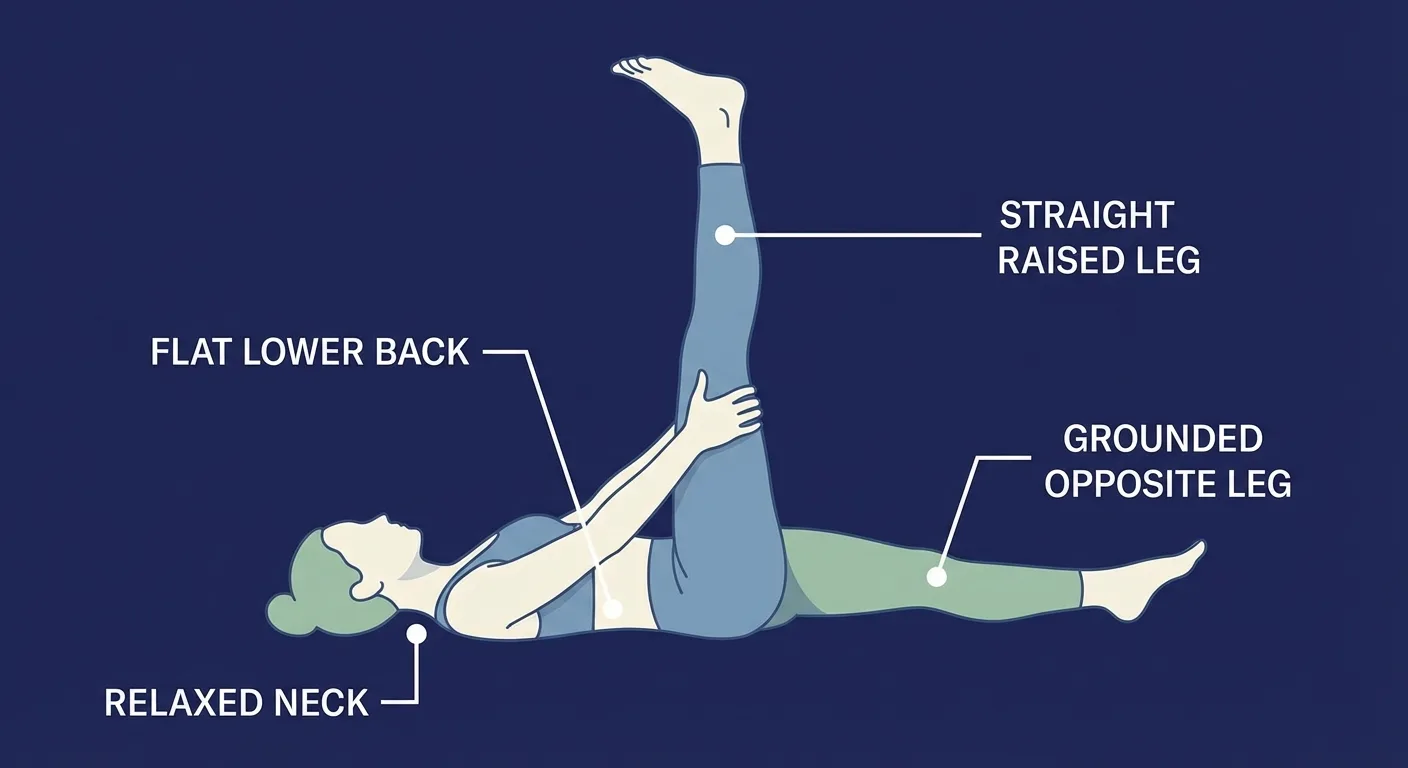 Straight leg pull-back proper form showing flat lower back, straight raised leg, grounded opposite leg, and relaxed neck