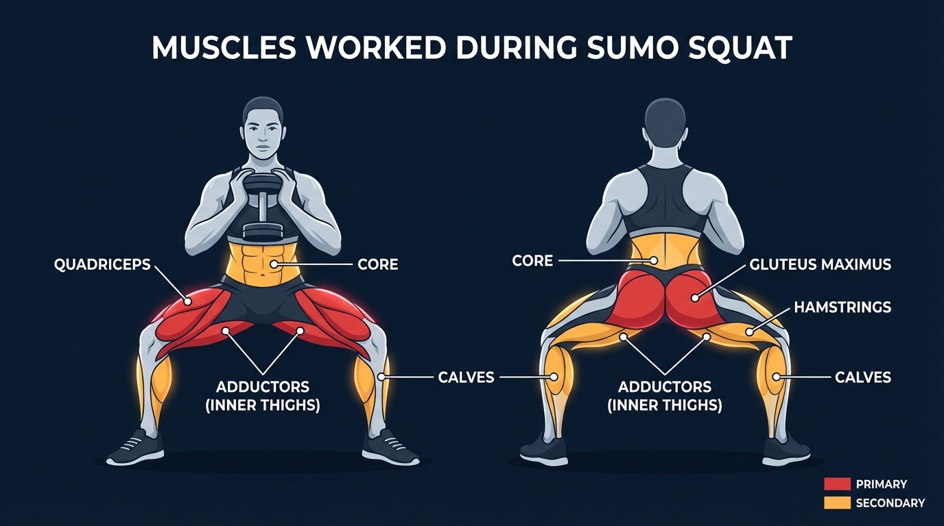 Sumo squat muscles targeted diagram showing quadriceps, gluteus maximus, adductors, hamstrings, and core activation during the wide-stance squat