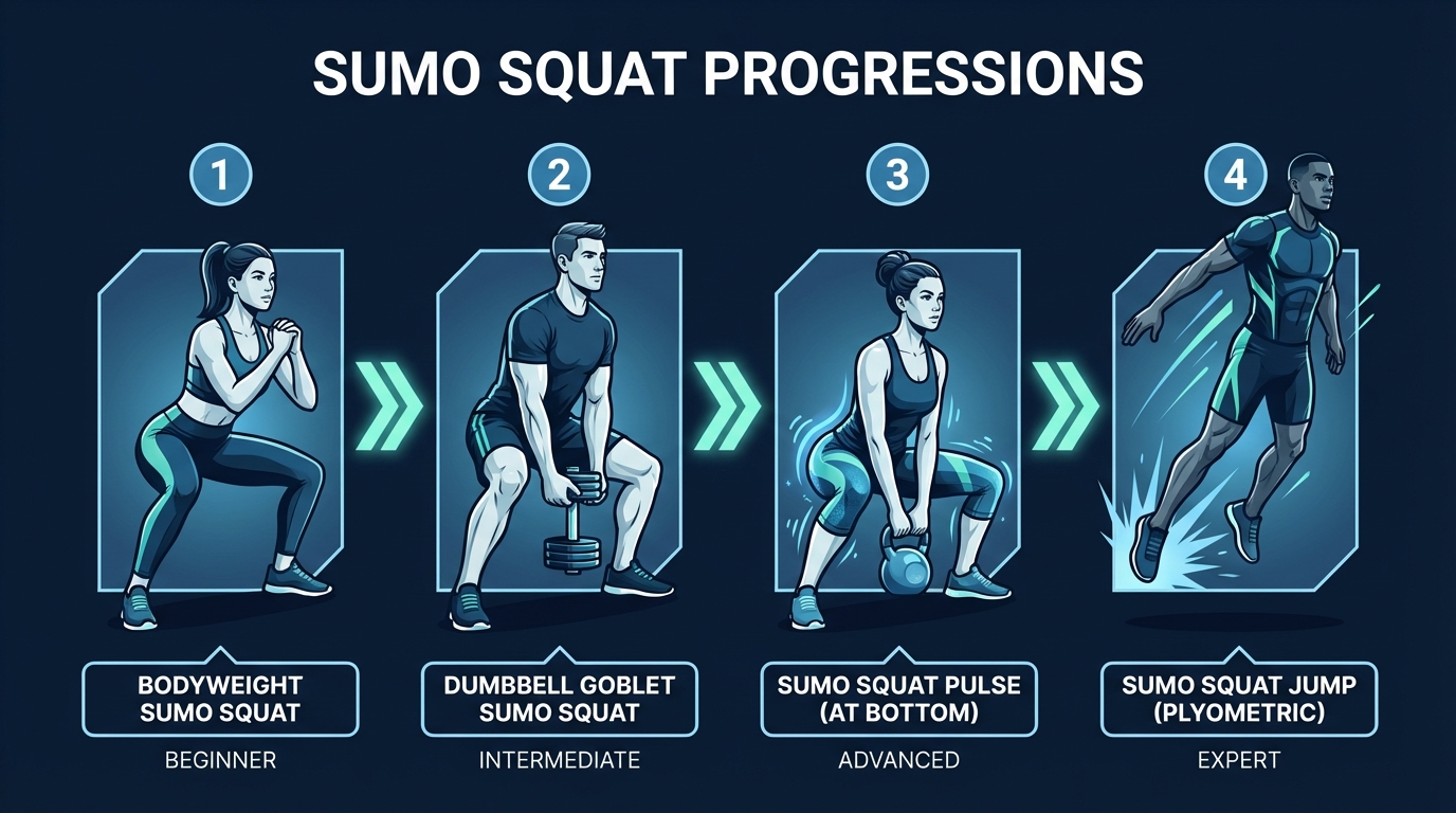 Sumo squat progression from bodyweight sumo squat to dumbbell goblet sumo squat to sumo squat pulse to sumo squat jump