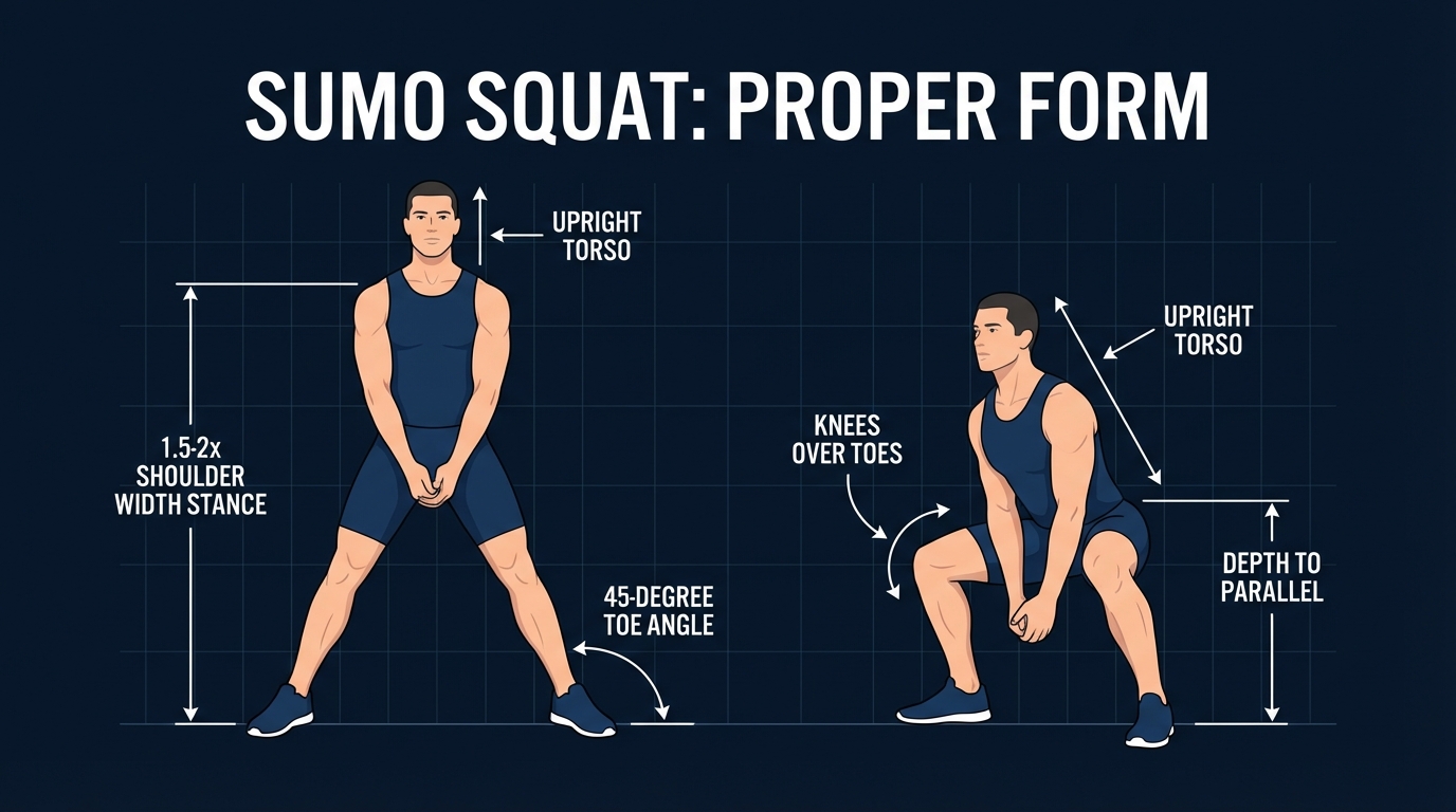 Sumo squat proper form showing wide stance with 45-degree toe-out, upright torso, knees tracking over toes, and depth to parallel