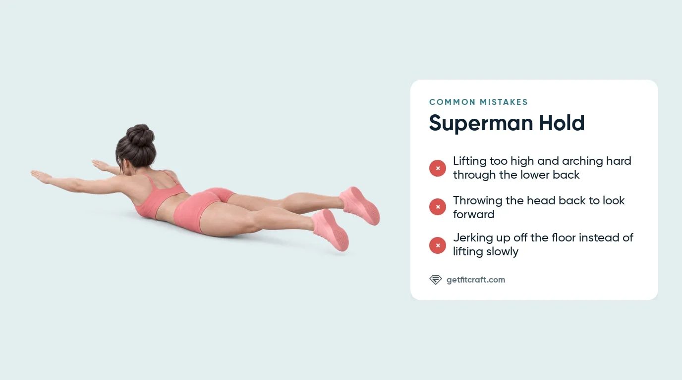 Superman hold common mistakes listed beside the correct low hold: arms and legs just off the floor, belly and hips down