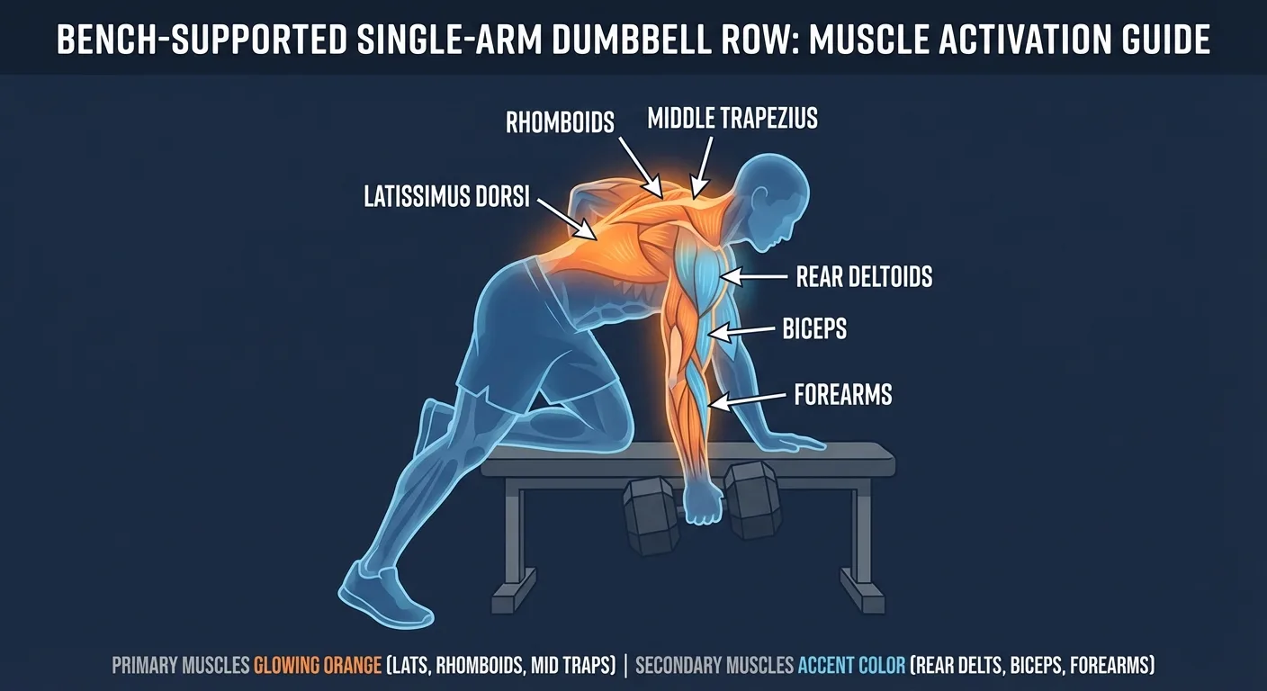 Supported row muscles targeted diagram showing latissimus dorsi, rhomboids, middle trapezius, and rear deltoid activation