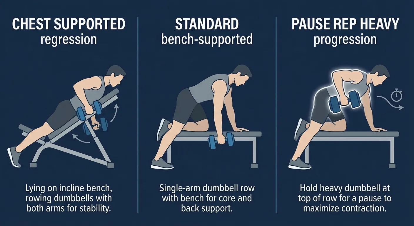Supported row variations comparison showing chest-supported row regression, standard bench-supported row, and paused heavy eccentric progression
