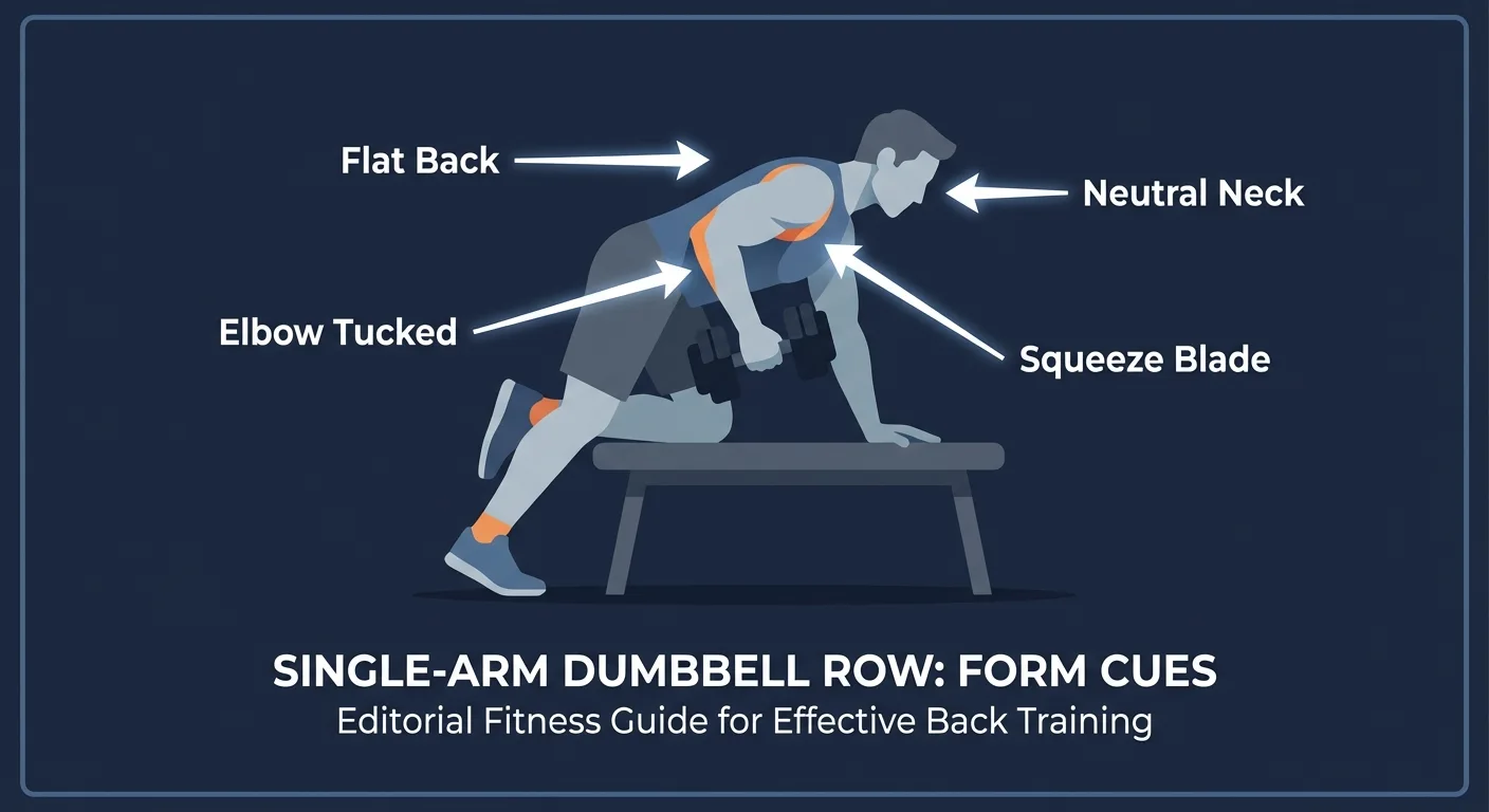 Supported dumbbell row proper form side view with form cues for flat back, tucked elbow, and neutral neck