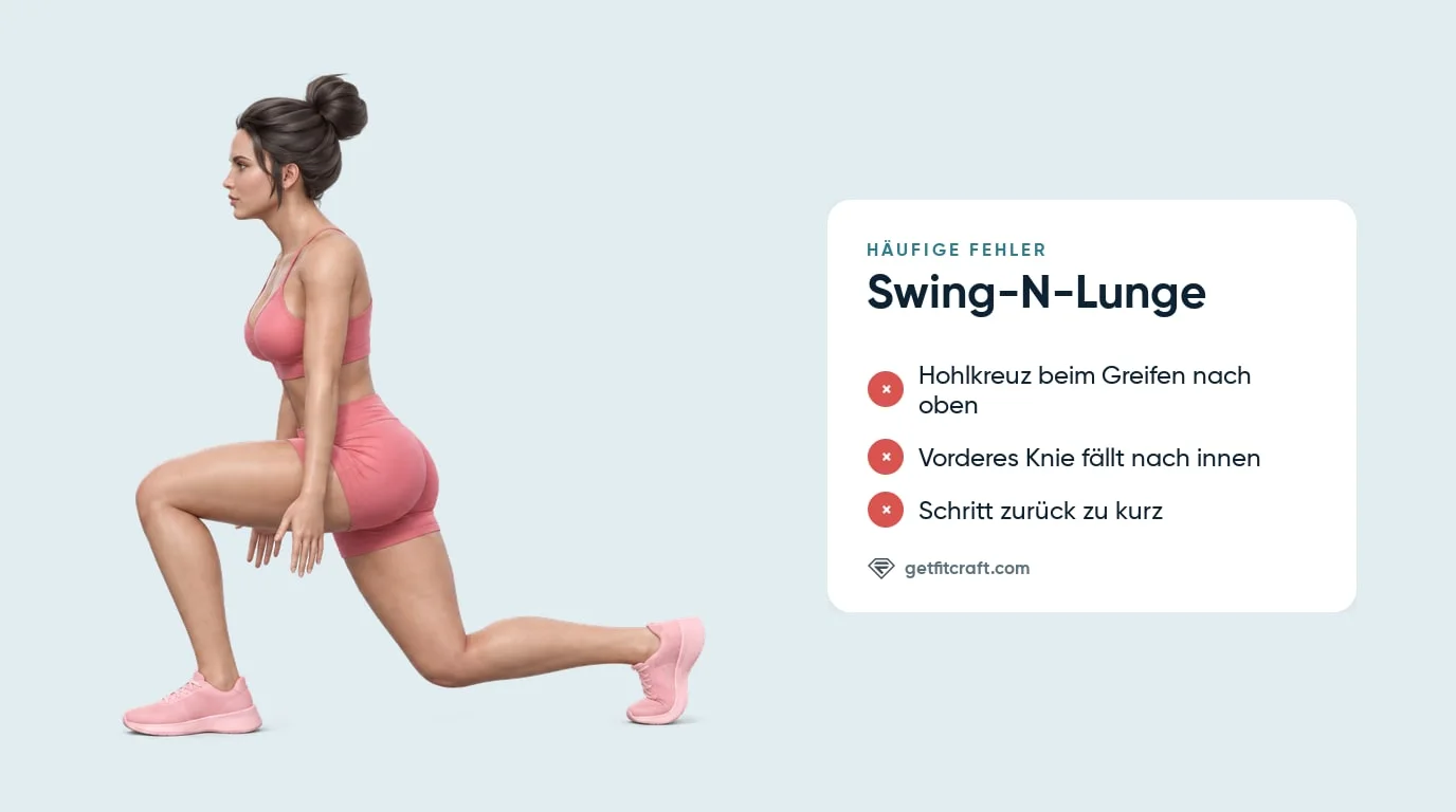 Häufige Fehler beim Swing-N-Lunge neben der richtigen Ausführung: Hohlkreuz, Knie nach innen, zu kurzer Schritt