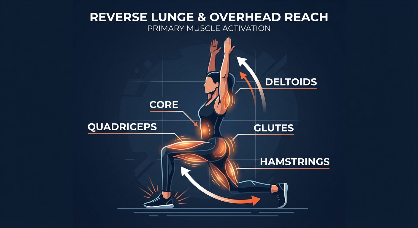Swing-N-Lunge muscles targeted diagram showing quadriceps, gluteus maximus, hamstrings, deltoids, and core activation during the reverse lunge with overhead arm swing