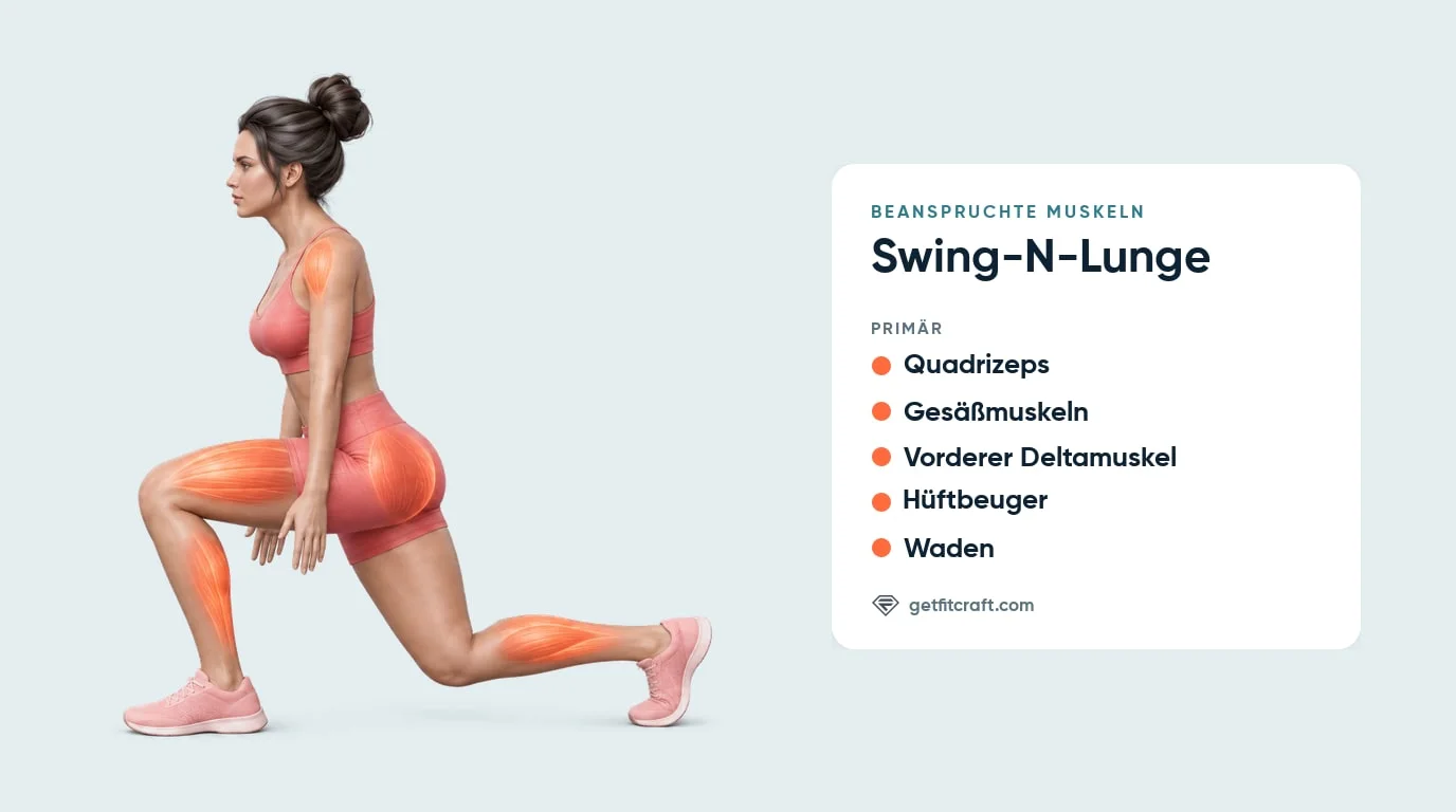 Swing-N-Lunge Muskeln: Quadrizeps, Gesäßmuskeln, vordere Deltamuskeln, Hüftbeuger und Waden im Rückwärts-Ausfallschritt