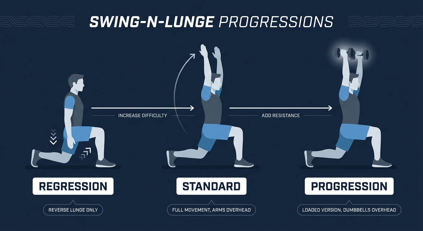 Swing-N-Lunge progressions showing a reverse lunge only regression, the standard Swing-N-Lunge, and a jumping loaded progression