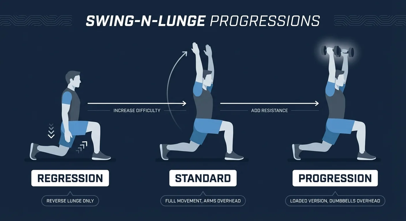 Swing-N-Lunge progression path from marching in place and step-n-lunge to the standard reverse lunge with overhead reach and an advanced loaded variation