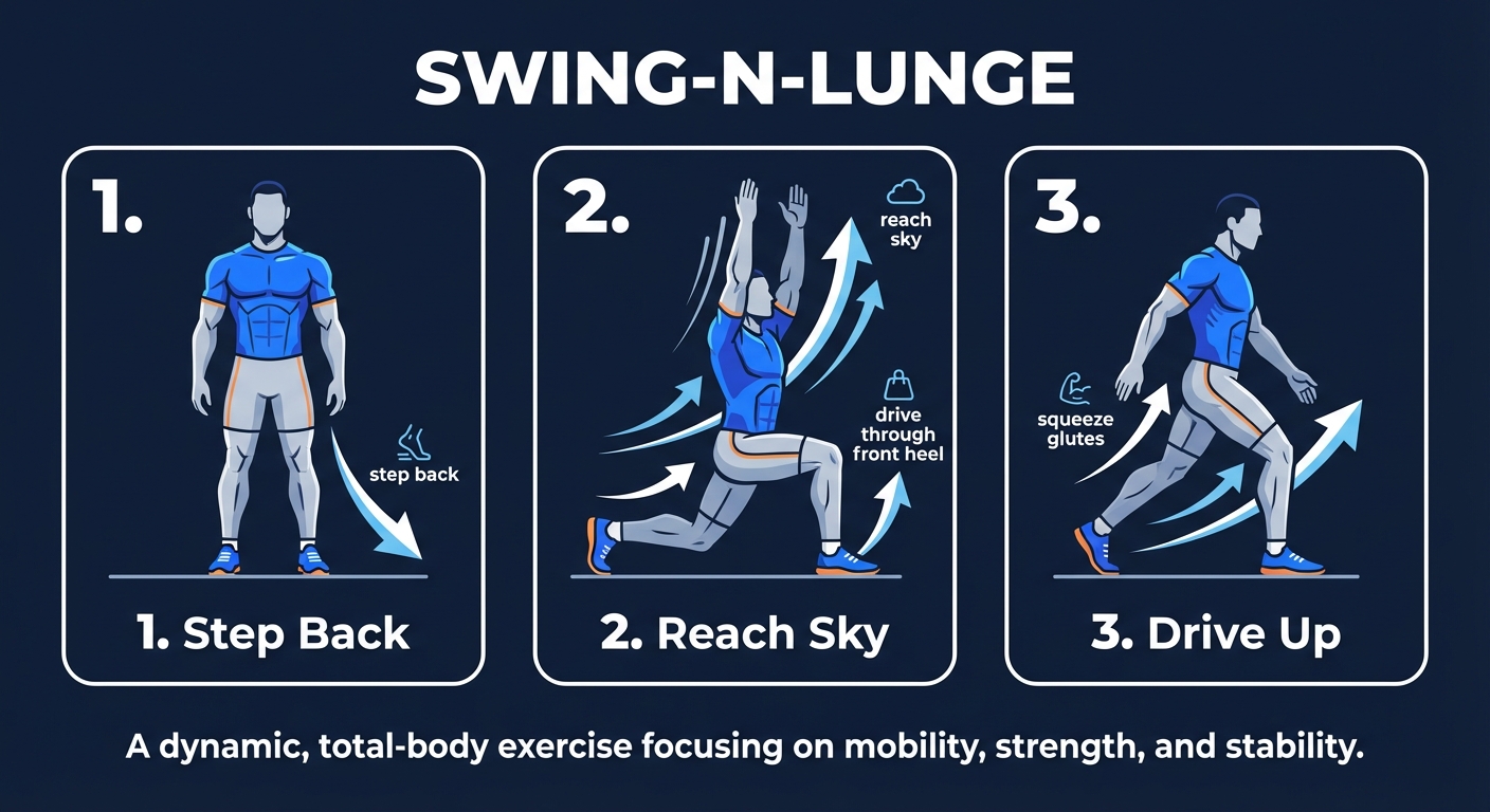 Swing-N-Lunge proper form sequence showing the reverse lunge descent, arms reaching overhead, and the drive back to standing