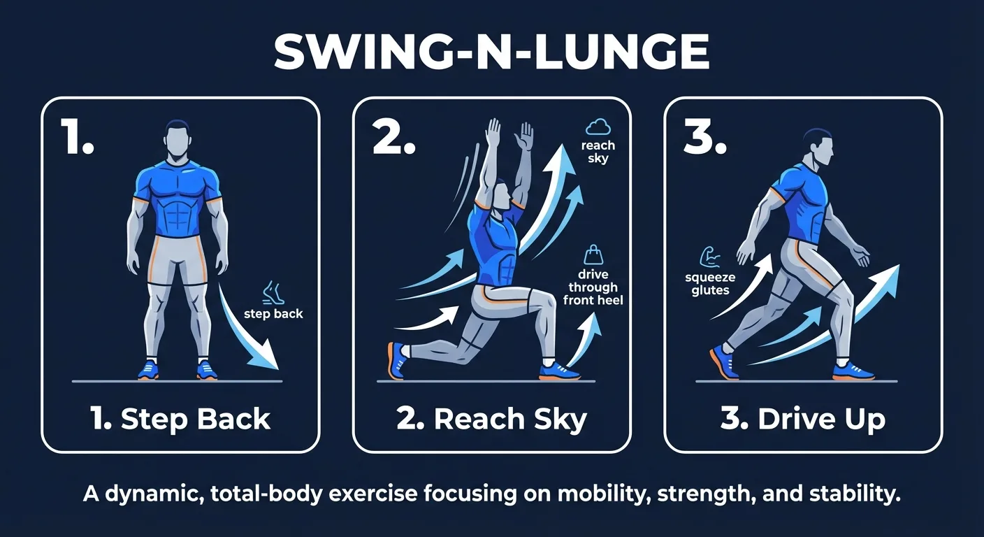 Swing-N-Lunge proper form sequence with a controlled reverse lunge, front knee tracking over the toes, arms reaching overhead, and a front-heel drive to standing