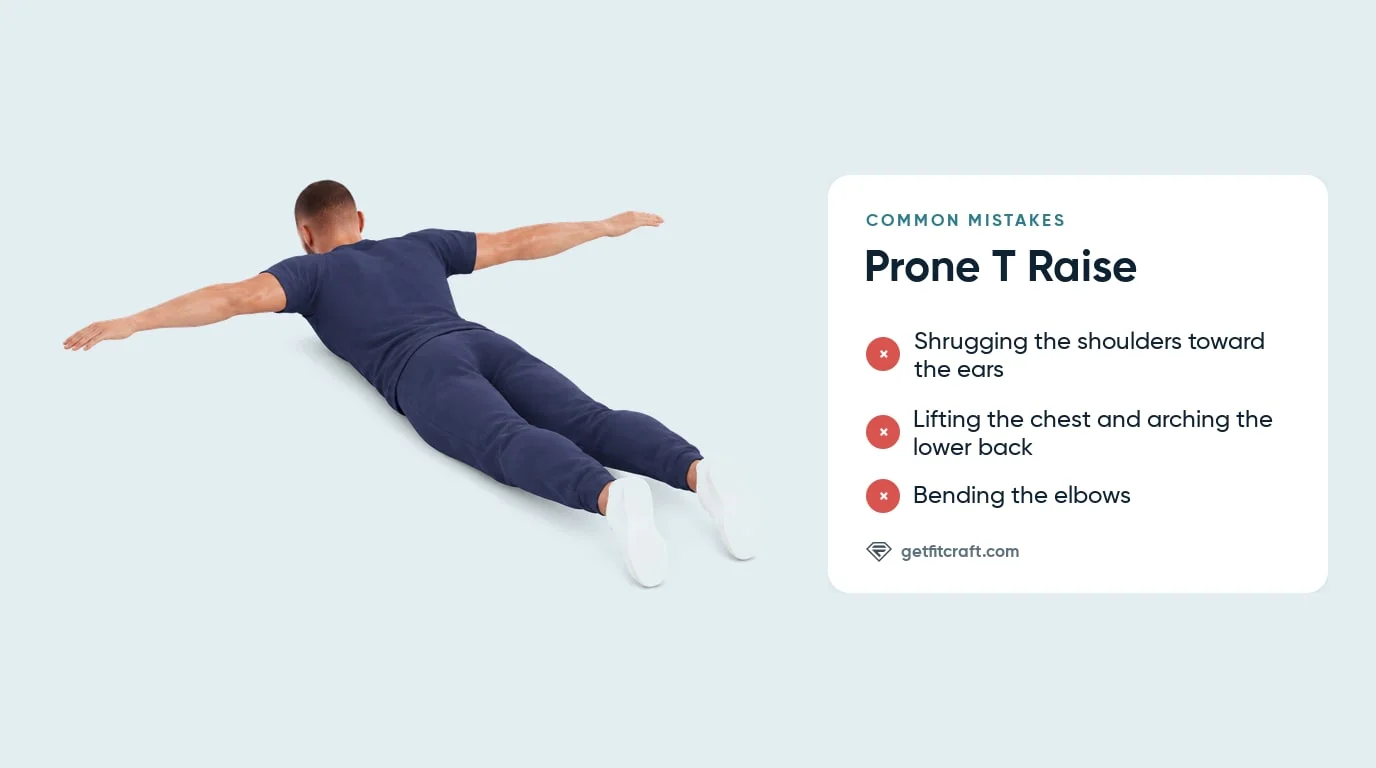 T raises common mistakes listed beside the correct prone hold: face down, arms out in a T, chest and legs on the floor