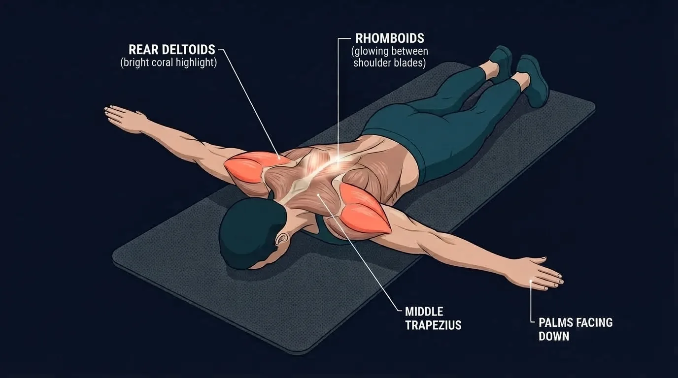 Trainierte Muskeln beim T-Raise in Bauchlage: Deltoideus posterior und mittlerer Trapezius als Hauptmuskeln, mit Rhomboiden, unterem Trapezius und Rotatorenmanschette als Schulter-Stabilisatoren