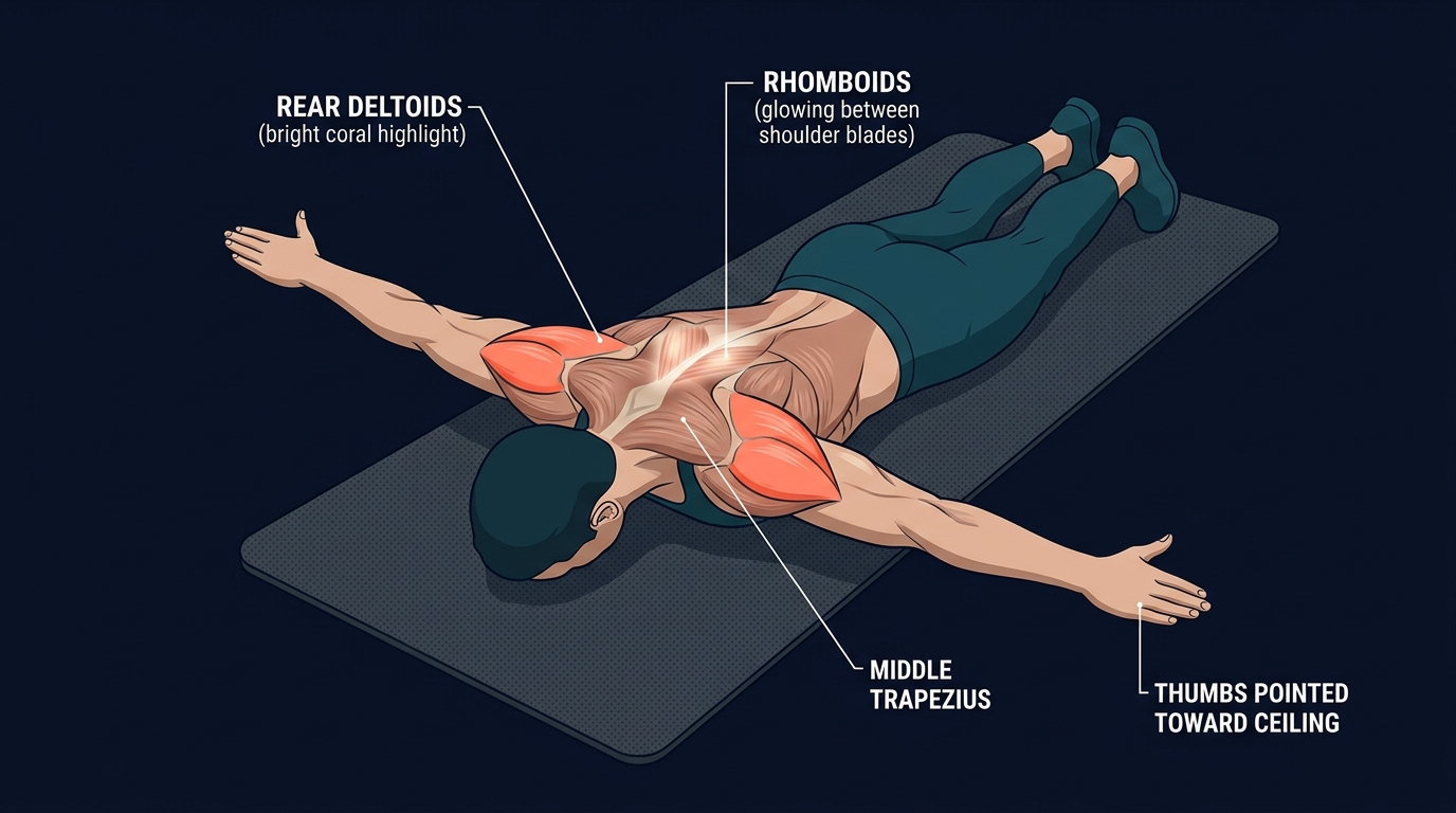 Prone T raise muscles worked diagram showing rear deltoids and middle trapezius activation with person lying face down, arms out to sides