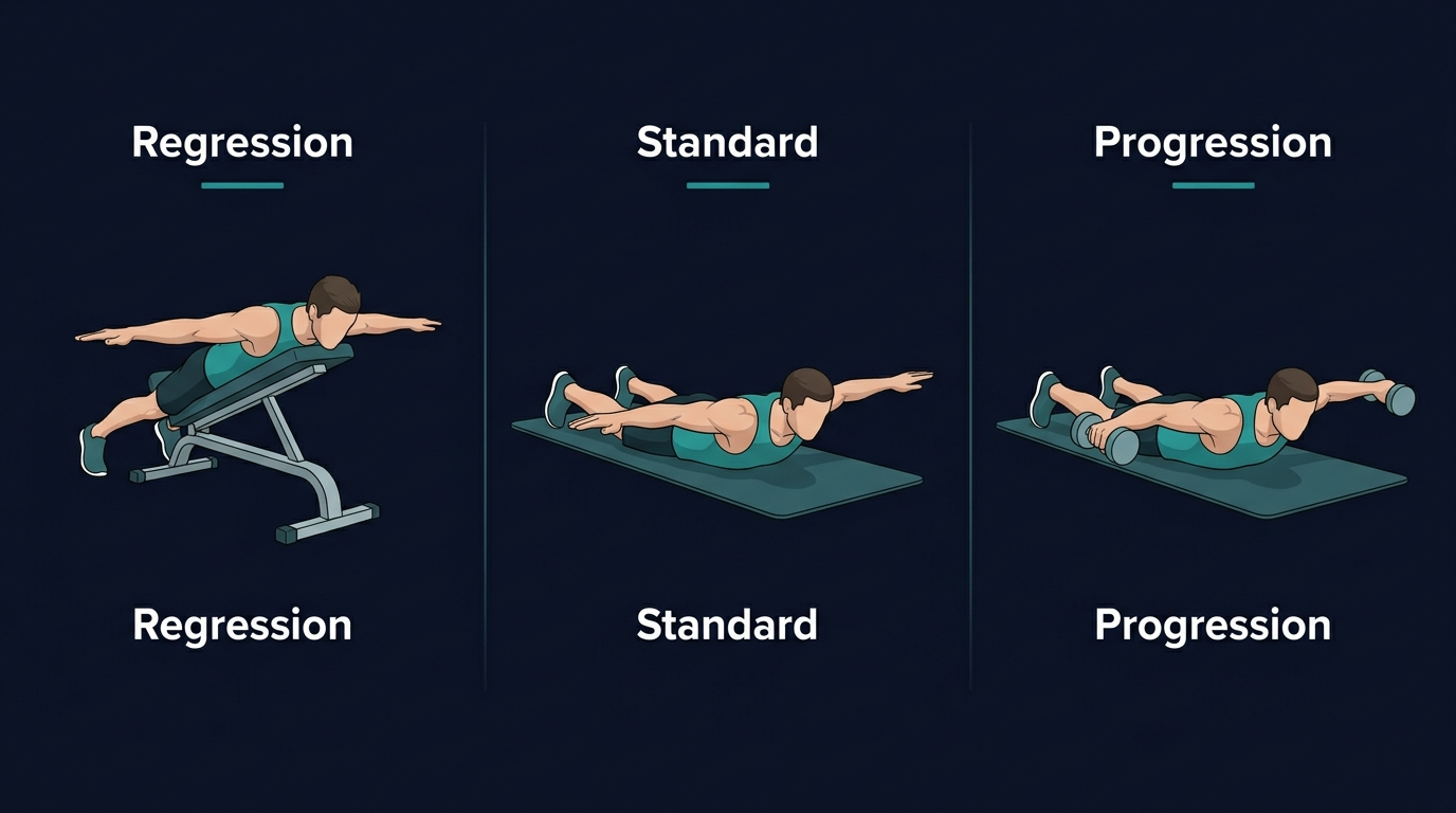 Prone T raise progression options from short-range bodyweight reps to isometric holds, incline bench T raises, and light weighted prone T raises