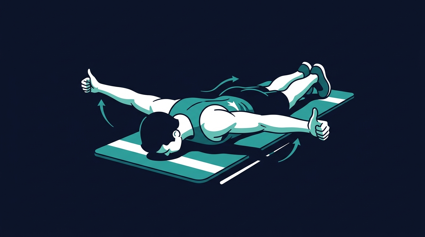 Prone T raise proper form showing person lying face down with arms lifted off the floor out to the sides, thumbs pointing up, forming a T shape