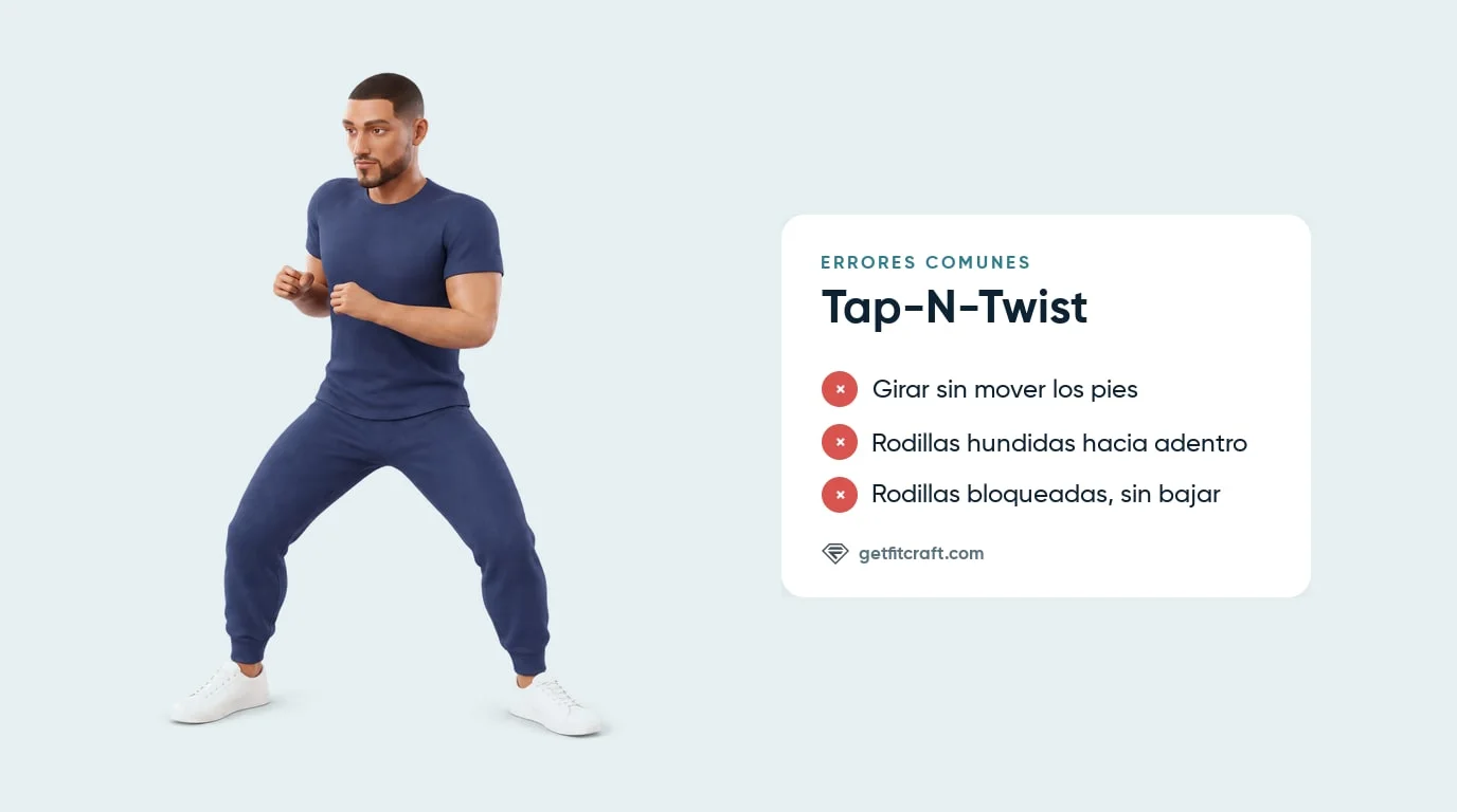 Errores comunes del Tap-N-Twist junto a la postura correcta: postura ancha, rodillas dobladas sobre los pies, puños arriba