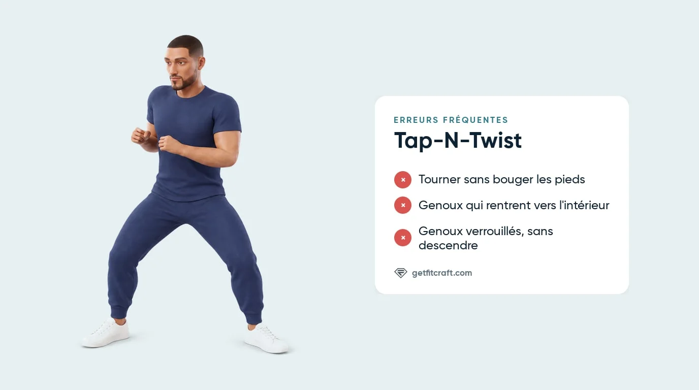 Tap-N-Twist, erreurs courantes et bonne posture : position écartée, genoux fléchis au-dessus des orteils, poings levés