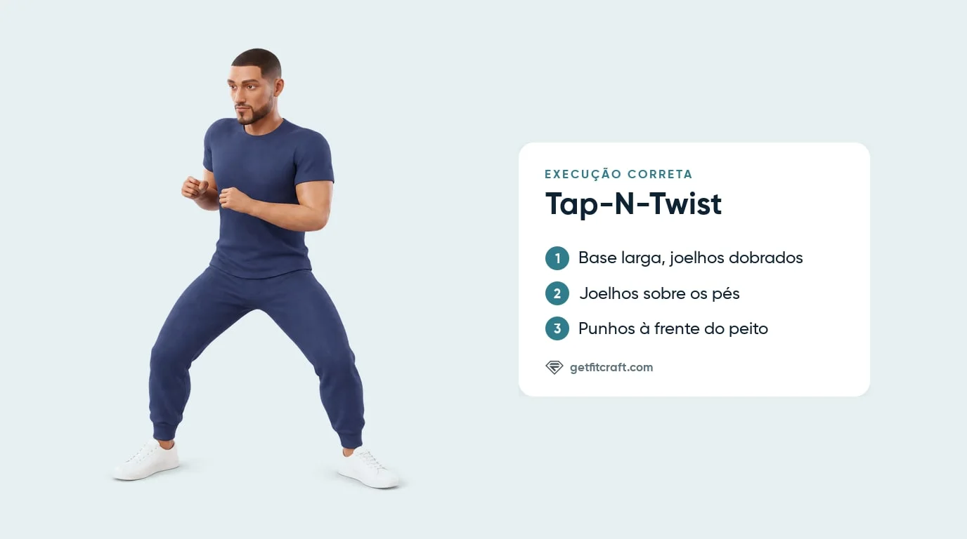 Tap-N-Twist, técnica correta: um quarto de volta para uma base larga, joelhos dobrados sobre os pés, punhos levantados