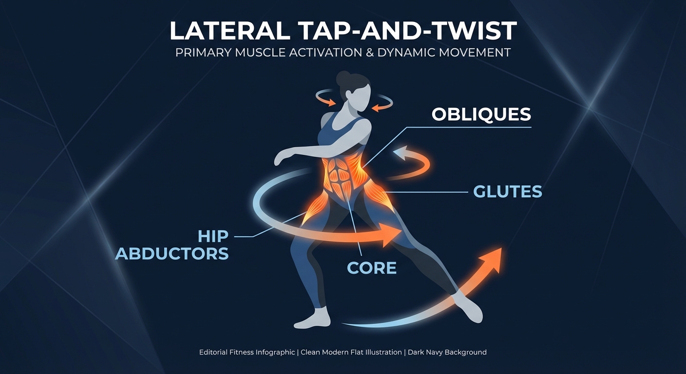Tap-N-Twist muscles targeted diagram showing obliques, glutes, hip abductors, and deep core activation during the lateral tap with torso rotation