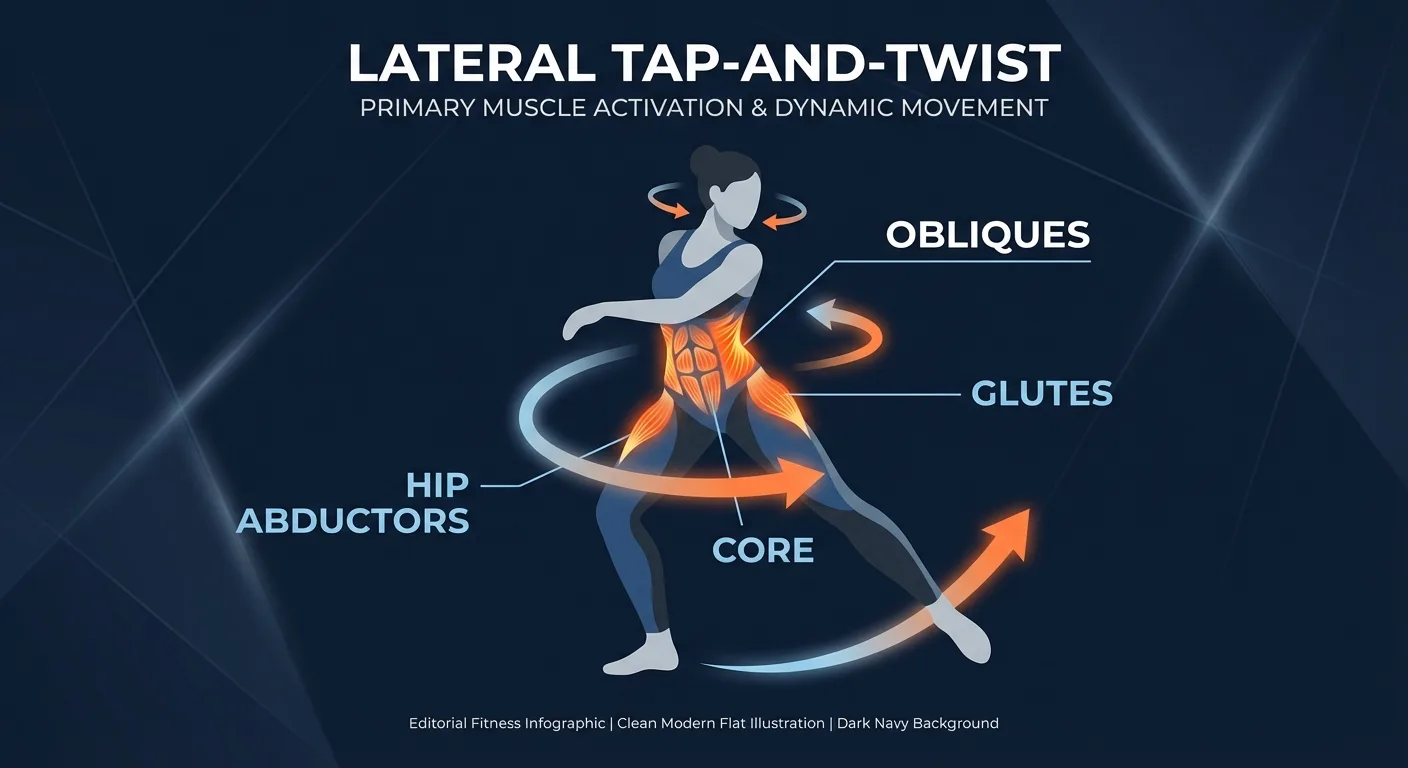 Tap-N-Twist muscles activated: obliques, transverse abdominis, glutes, hip abductors, adductors, calves, and ankle stabilizers during the lateral tap and torso rotation