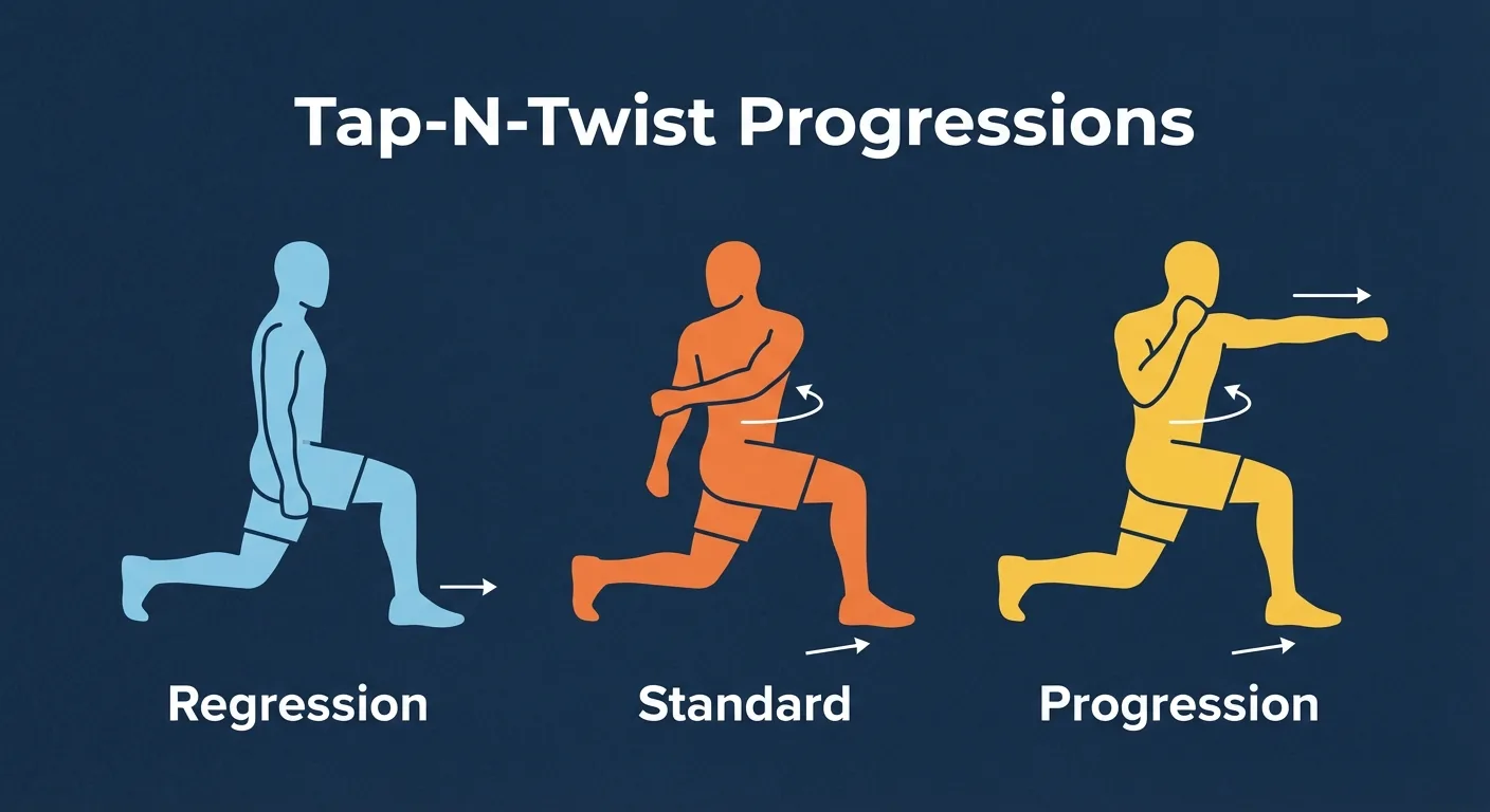 Tap-N-Twist progressions showing side tap only, standard Tap-N-Twist, and Tap-N-Twist with arm reach for low-impact cardio