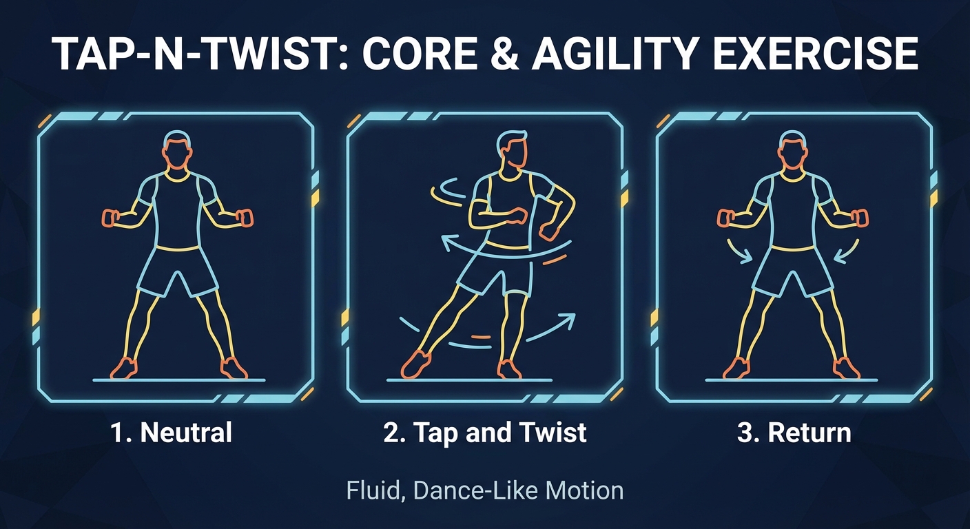 Tap-N-Twist proper form sequence showing the lateral tap step, torso rotation, and return to center