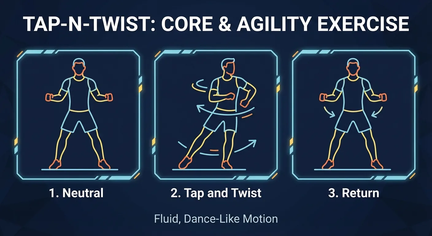 Tap-N-Twist proper form sequence showing a light lateral foot tap, controlled torso rotation, and return to center before switching sides