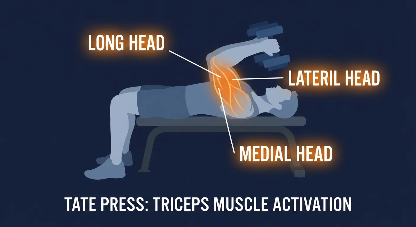 Tate press muscles targeted diagram highlighting triceps long head, lateral head, and medial head activation