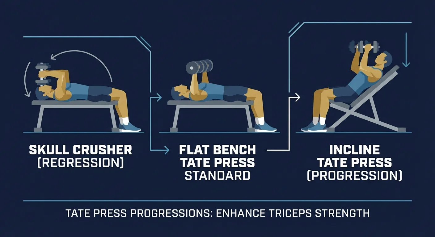 Tate press variations showing skull crusher regression, standard Tate press, and incline Tate press progression