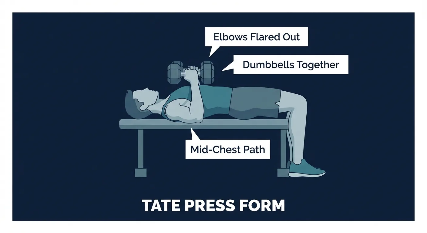 Tate press proper form on flat bench with dumbbells together, elbows flared out, and arms extended at top