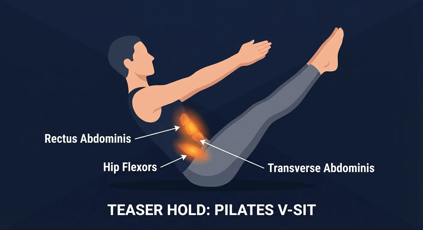 Teaser hold muscles targeted diagram highlighting rectus abdominis, hip flexors, and transverse abdominis activation
