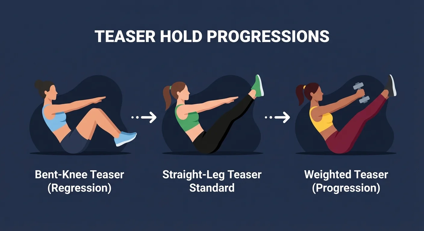 Teaser hold variations showing bent-knee regression, standard straight-leg teaser, and weighted progression