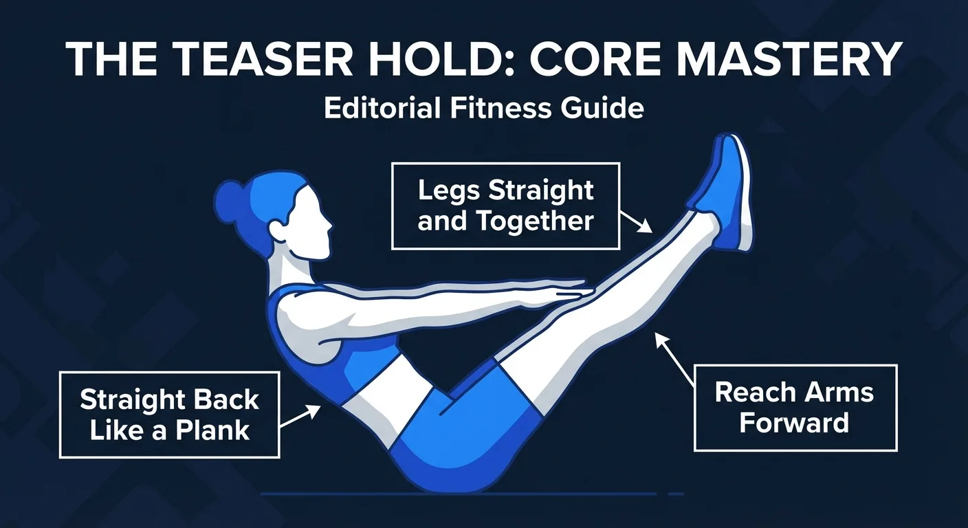 Teaser hold proper form showing V-sit position with straight legs together, straight back, and arms reaching forward parallel to floor