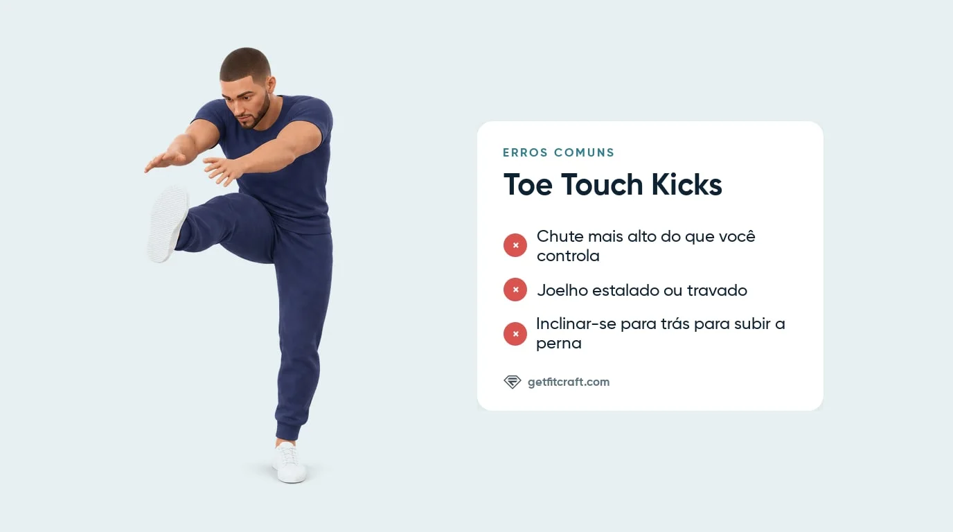 Toe touch kick correto ao lado de erros comuns: chute alto demais, joelho estalado, inclinar o tronco para trás