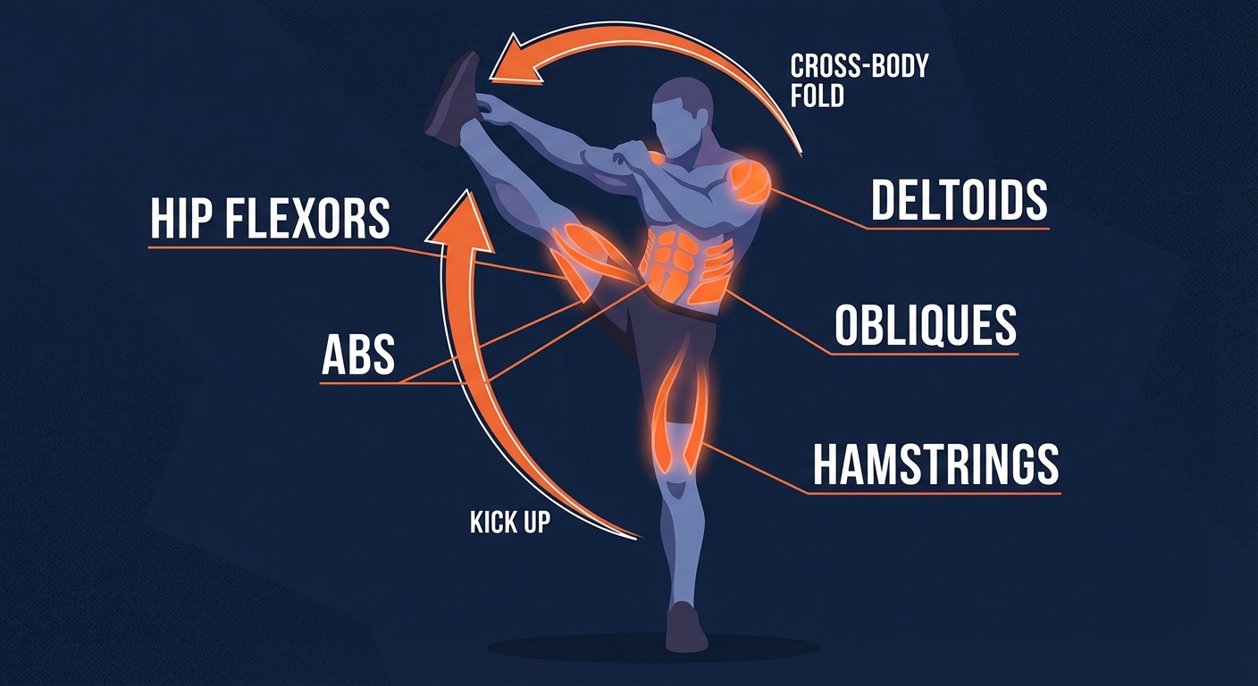 Toe Touch Kick muscles targeted diagram showing hip flexors, rectus abdominis, obliques, deltoids, and hamstrings activation during the high kick and cross-body toe touch